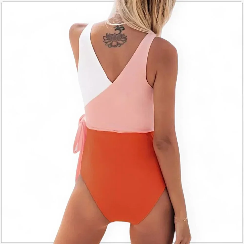 Cupshe Orange White Color Block One Piece Swimsuit Tie Belt Bow V-Neck NWT NEW L
